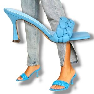 NWOT 🌹 DEEZEE Women's Blue Braided Strap Square Toe PU Heeled Mules